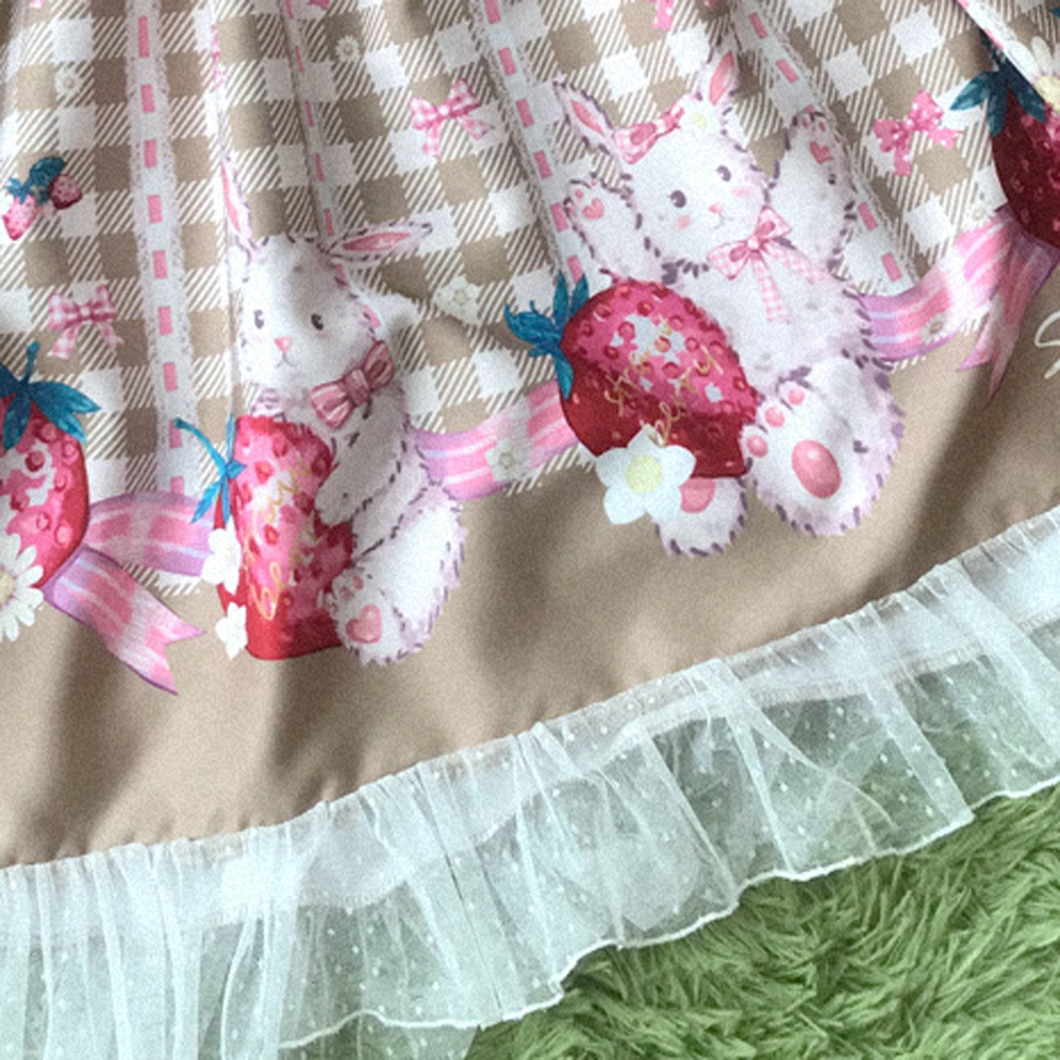 Kawaii Rabbit Strawberry Plaid Lolita JSK Dress with Gingham Print Lace Trim
